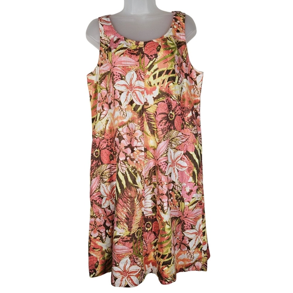 J.Jill Love Linen Shift Dress M Floral Sunset Repf Sleeveless Linen Pocket Beach
